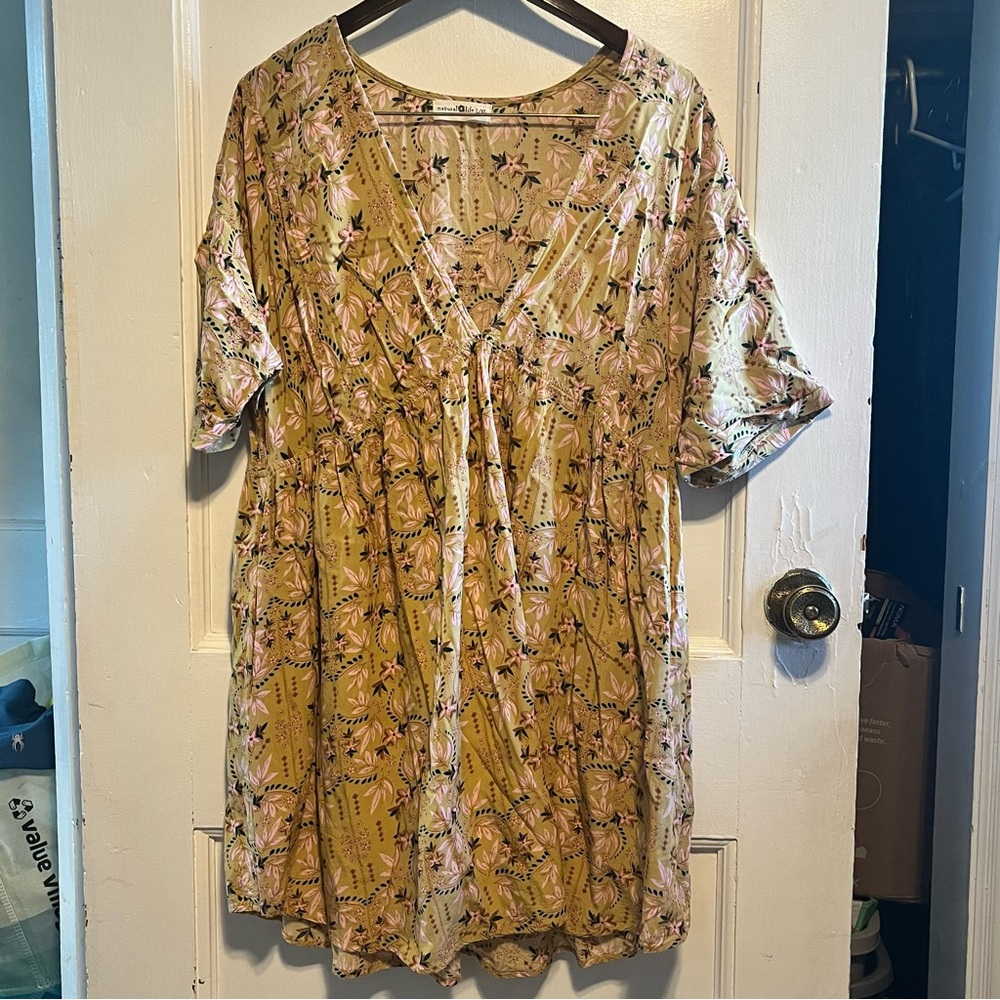 NATURAL LIFE Yellow Floral 3/4 Sleeve Mini Tunic dress boho size L/XL